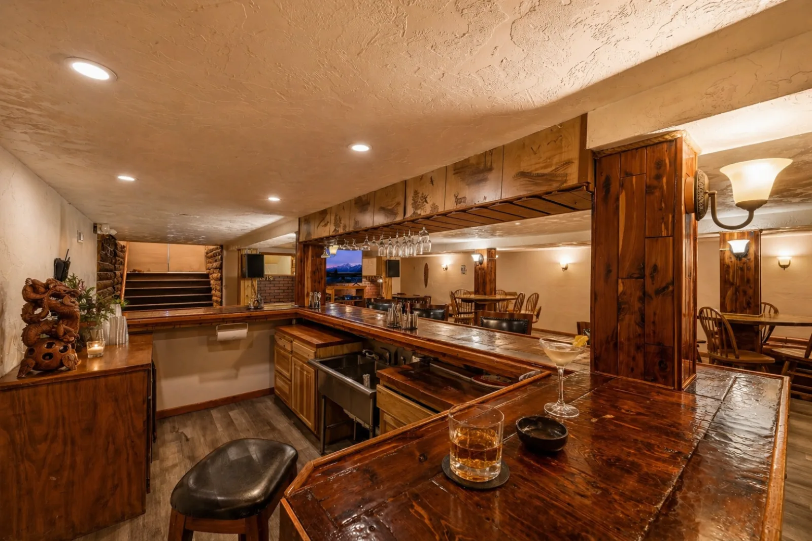 The cedar bar at Harbour Hideout set for a private cocktail evening, downtown Sheridan, Wyoming.